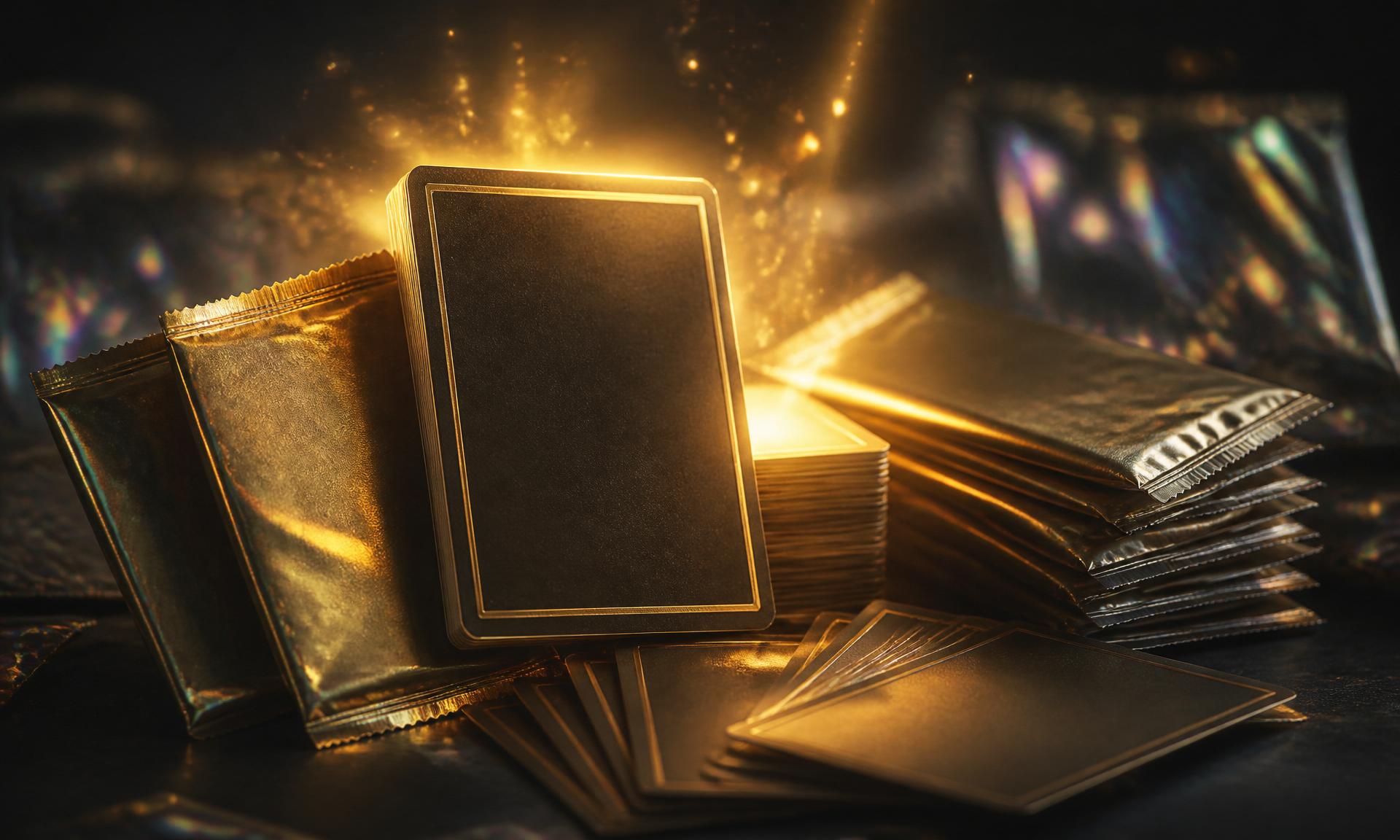 Boosters brilhando com cartas raras emergindo